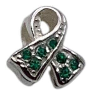 Charmed Craft 925 Sterling Silver Ribbon Pendant Green Crystals Cancer Awareness